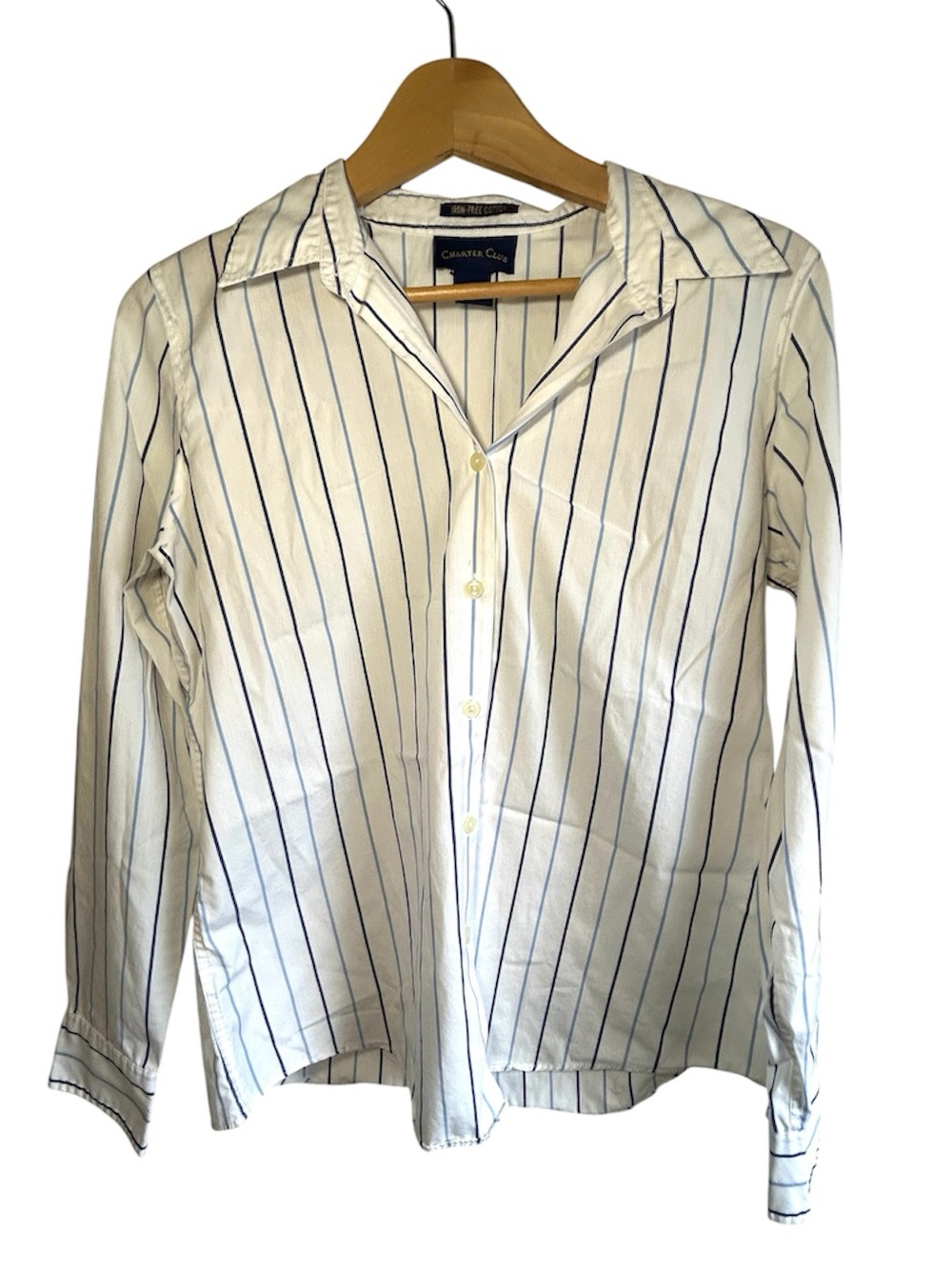 Charter Club Cream Button-Down Shirt with Blue Pinstripes